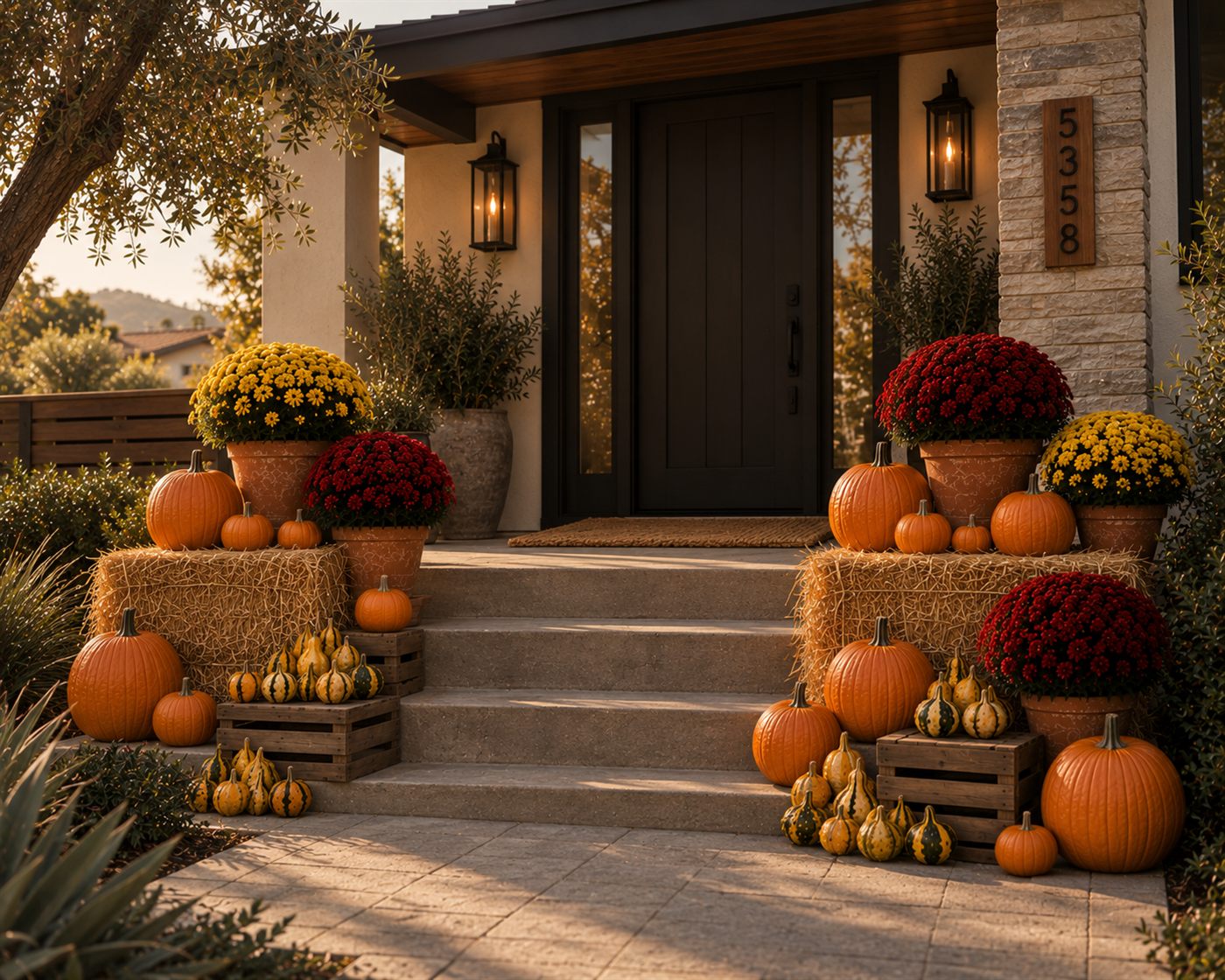 The Autumn Glow display: stacked bales and crates framing an entry with red and yellow mums, cascading pumpkins, and gourds in golden light.
