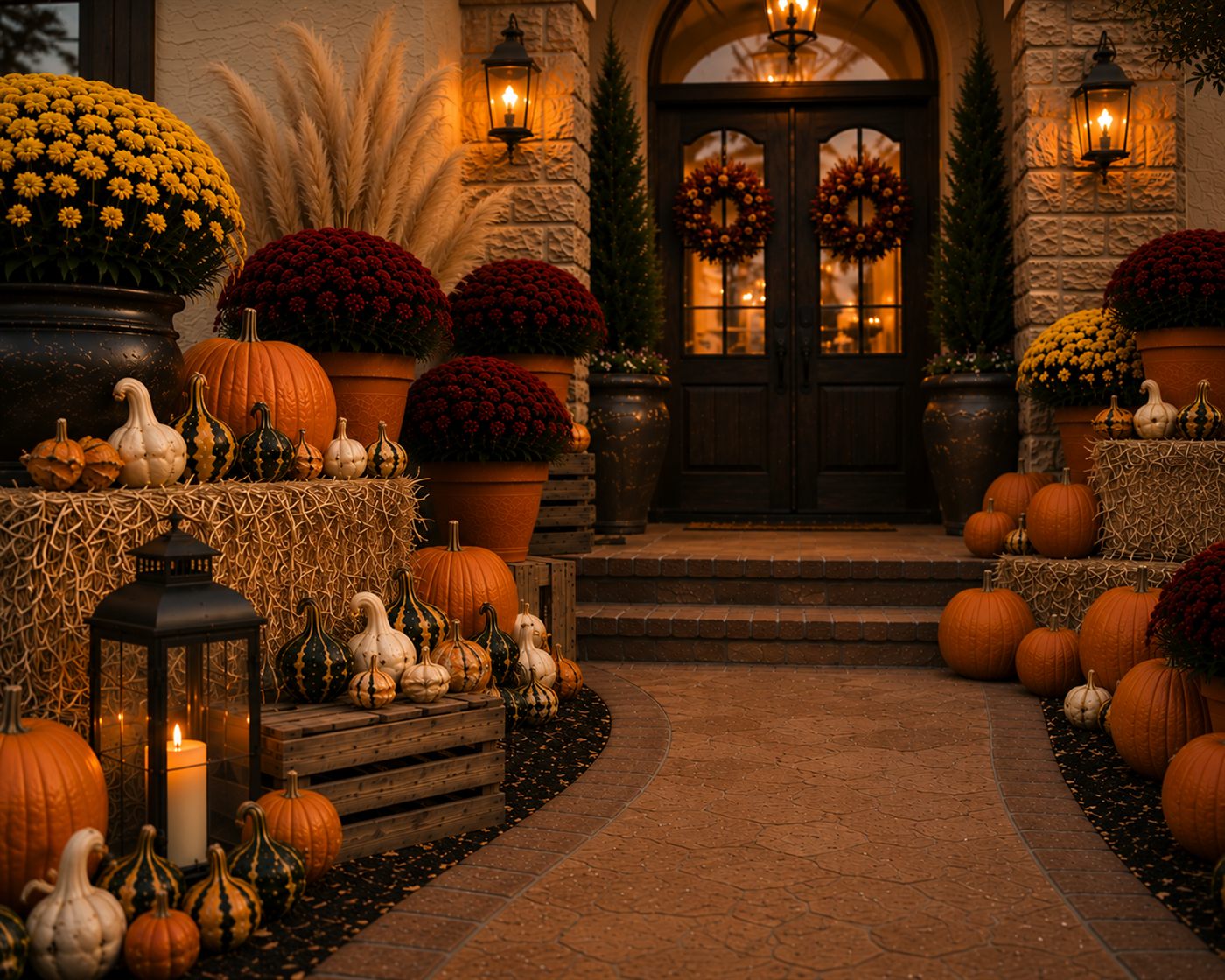 The Grand Harvest: a grand twilight walkway lined with tiered bales, mums, pumpkins, gourds, pampas grass, and lit lanterns, with wreaths on the door.