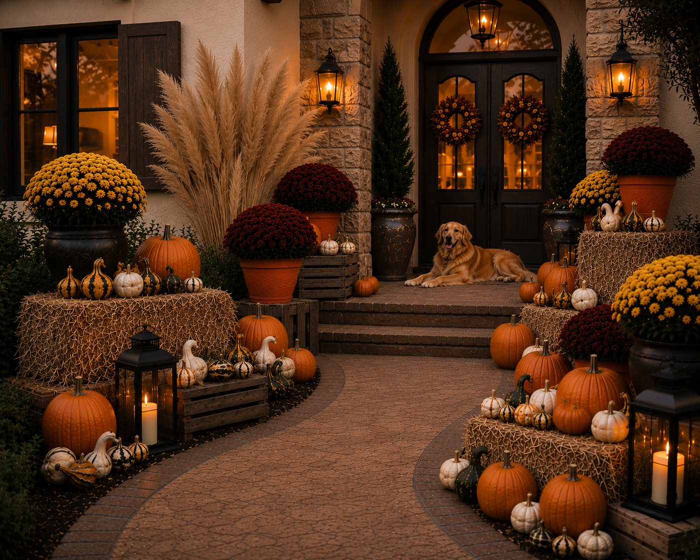A Grand Harvest display at dusk: a symmetric walkway of tiered hay bales, mums, pumpkins, gourds, pampas grass, and lit lanterns, with a golden retriever resting in the glowing doorway.