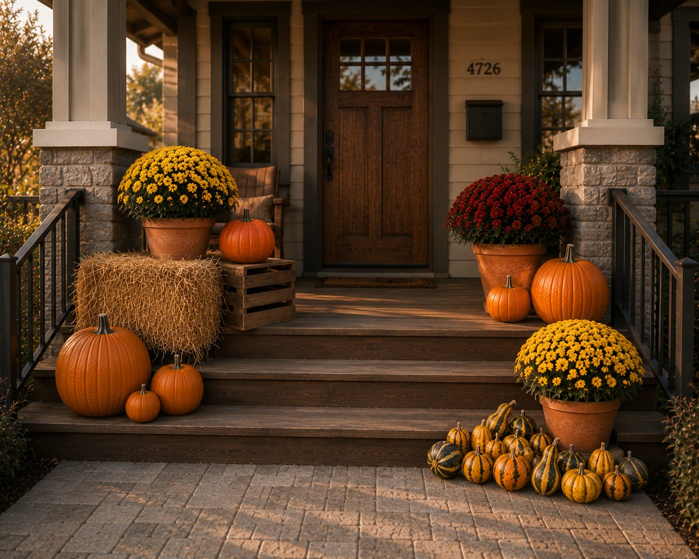 The Harvest Porch: yellow and burgundy mums, pumpkins, striped gourds, a hay bale, and a wood crate framing a front door in golden light.