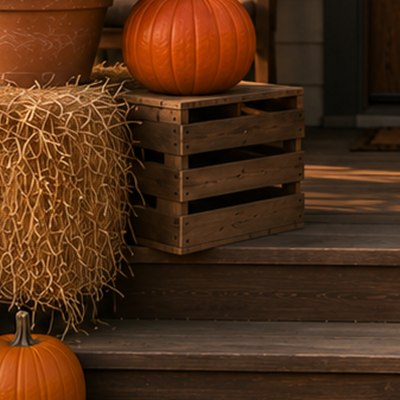 A rustic pinewood crate staging a pumpkin beside a hay bale