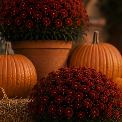 Full red and orange mums in a terracotta pot beside a pumpkin