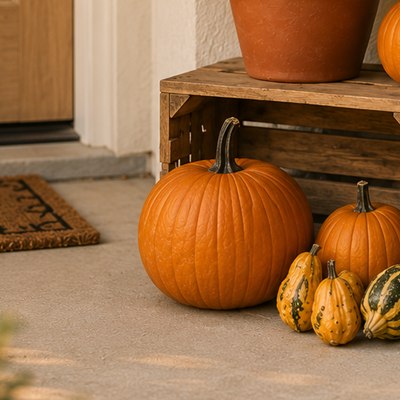 Handpicked orange pumpkins with small gourds beside a wood crate