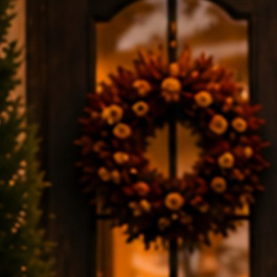 A rust-toned fall wreath on a wood front door