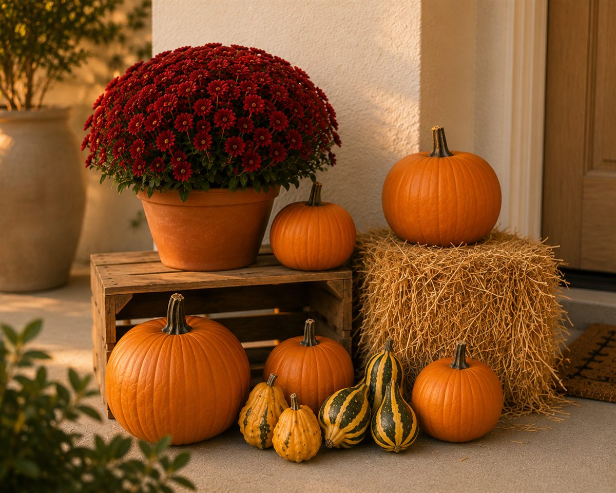A close styling detail: pumpkins, striped gourds, and a burgundy mum beside a hay bale in warm evening light.