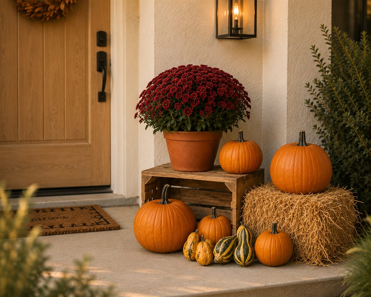 The Pumpkin Porchlet: a burgundy mum on a rustic wood crate beside pumpkins, striped gourds, and a small hay bale at a front door.